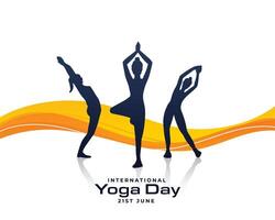 International Yoga Tag Konzept mit Silhouetten von Frauen und Orange Welle vektor