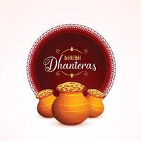 trevlig shubh dhanteras hälsning affisch med gyllene mynt pott design vektor