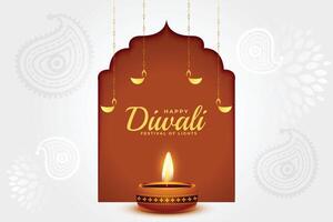 minimal Lycklig diwali mall med lysande diya i paisley design vektor