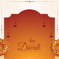 elegant glücklich Diwali Festival Poster mit hängend Diya und Blumen- Design vektor
