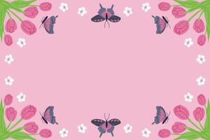 horisontell bakgrund med vår blommor och fjärilar. ram mall eller design skriva ut med tulpaner och körsbär blomma på rosa bakgrund. Bra för baner, bakgrund, social media grafik vektor