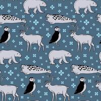 arktisk sömlös mönster med djur och fågel. kontrast kontur klotter objekt på blå bakgrund. trendig skriva ut design för textil, tapet, omslag, bakgrund vektor