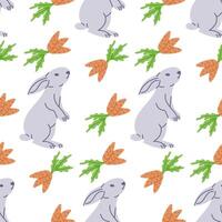 skära vit kanin med morötter sömlös mönster. platt hand dragen färgad element på vit bakgrund. unik retro skriva ut design för textil, tapet, interiör, omslag vektor