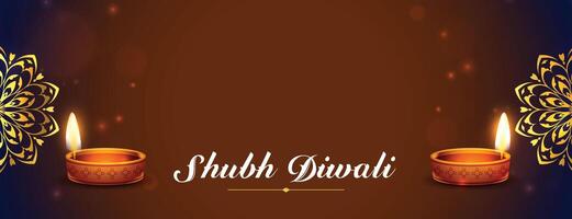 skinande shubh diwali baner med realistisk olja diya och text Plats vektor