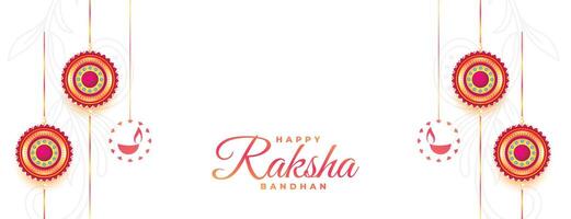 Raksha Bandhan Weiß Festival Banner mit Rakhi und hängend Diya Design vektor