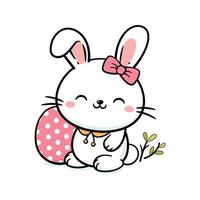 söt vit bebis påsk kanin kanin med rosett och ett ägg vektor