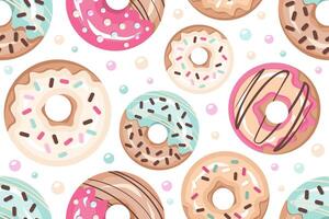 Donuts nahtlos Muster. anders Donuts mit Farbe Zucker Glasur, bestreuen. lecker gebraten üppig Rollen mit Rosa, Creme, Schokolade Glasur. Vektor Illustration zum Tapeten, Textil, drucken