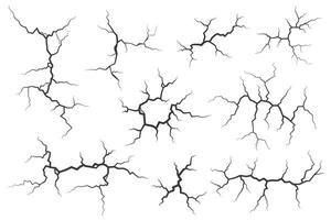 vägg sprickor med bruten textur. jord jordbävning effekt. hål rader på jord och is isolerat på vit bakgrund. sten förstörelse repa. vektor uppsättning