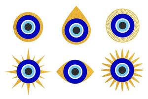 böse Auge Blau Türkisch Symbol Satz. Magie Nazar Korn. Griechenland und Türkisch Amulett esoterisch Design zum Glück vektor