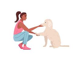 Frau spielen mit Hund. glücklich Haustier Inhaber unterrichtet das Pfote Befehl. Person Pflege Über Begleiter Hündchen, Welpe, Eckzahn Tier. eben Vektor Illustration isoliert auf Weiß Hintergrund