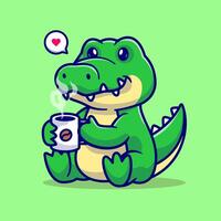 süß Krokodil Trinken Kaffee Karikatur Vektor Symbol Illustration. Tier trinken Symbol Konzept isoliert Prämie Vektor. eben Karikatur Stil