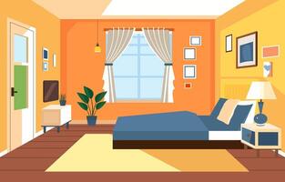 platt design av sovrum interiör med säng möbel och fönster i Hem vektor