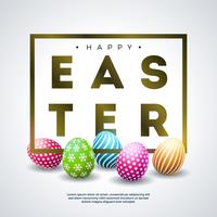 Fröhliche Ostern-Feiertags-Design mit buntem gemaltem Ei und goldenem Typografie-Buchstaben vektor
