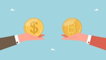 Hände halten Dollar Münze und Bitcoin vektor