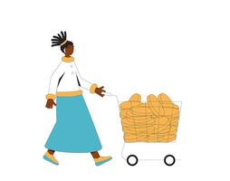 Frau mit Geld isoliert auf Weiß Hintergrund. weiblich Person tragen im beiläufig Kleider Gehen mit Einkaufen Tasche von Münzen. vektor