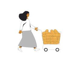 kvinna med pengar isolerat på vit bakgrund. kvinna person bär i tillfällig kläder gående med handla väska av mynt. vektor