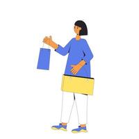 jung Frau mit Einkaufen Taschen. weiblich Person Stehen und halten ihr Einkäufe. vektor