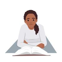 Illustration von ein Frau lesen ein Buch Lügen auf das Fußboden vektor