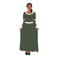 tudor mode. medeltida svart kvinna i en grön huvudbonad och en klänning broderad med guld. historisk kostym vektor