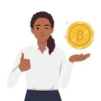 företag kvinna lutande till stor bitcoin och som visar tumme upp gest. elektronisk valuta begrepp. vektor