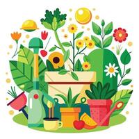 Gartenarbeit eben Vektor Illustration. Gartenarbeit Werkzeuge und Pflanzen.