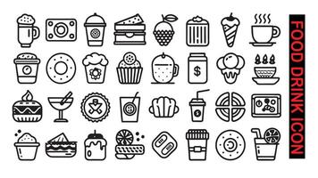 Essen und Getränke Symbole einstellen Vektor dünn Linie. Kaffee, Limonade, Makrone, Pizza, Eis Creme, Burger, Hamburger