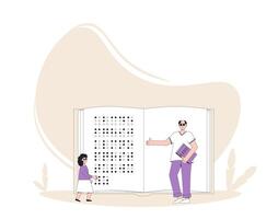 Blindenschrift Alphabetisierung. blind jung Mann und Mädchen mit enorm Buch. Vektor Illustration.