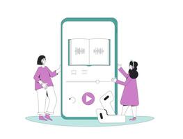 ung kvinnor lyssnande till ljudbok. två Söt flickor och enorm telefon med utbildning appar. vektor