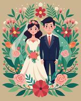 Hochzeit Paar im Blumen- rahmen. Vektor Illustration im Karikatur Stil