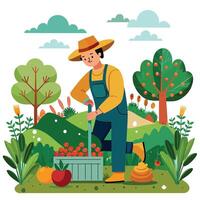 Farmer Arbeiten im das Garten. Gartenarbeit und Landwirtschaft Vektor Illustration.