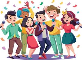 grupp av Lycklig ung människor sång karaoke med mikrofon vektor illustration