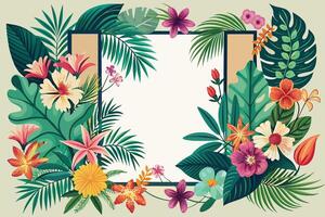 tropisk bakgrund med exotisk blommor och löv. vektor illustration.