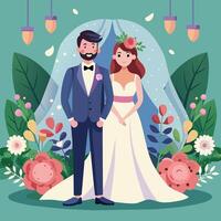 bröllop par med blommor dekoration skede vektor illustration