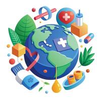 Welt Gesundheit Tag isometrisch Komposition mit Planet Erde und Gesundheitswesen Symbole Vektor Illustration