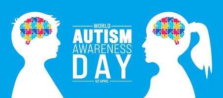 2 April Welt Autismus Bewusstsein Tag Junge und Mädchen Kind Kopf mit bunt Puzzle Gehirn Banner Design Vorlage. Vektor Illustration.
