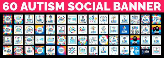 60 stor mega bunt av autism medvetenhet dag social media posta baner design. autism medvetenhet dag baner eller bakgrund stor uppsättning med pussel bit, barn hand, band, kärlek ikon, barn flicka, pojke vektor. vektor