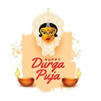 Lycklig durga puja hälsning bakgrund med diya och gudinna ansikte design vektor