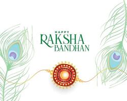 glücklich Raksha Bandhan Banner mit Rakhi und Pfau Feder Design vektor