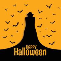 Lycklig halloween skrämmande läskigt kort med trollkarl och fladdermöss vektor
