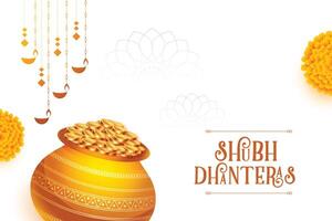 shubh Dhanteras Festival Hintergrund mit golden Münze Kalasha und Blumen- Design vektor
