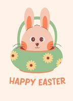påsk hälsning kort med söt kanin i en korg. affisch, baner, inbjudan. vektor