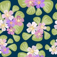 Sanft Pastell- Blumen- Elemente auf dunkel Blau Hintergrund Vektor nahtlos Muster. Trauben von Rosa und violett Blumen und Pastell- Gras Grün Blätter wiederholt im attraktiv Oberfläche Kunst Design.