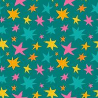 ritad för hand neon rosa, gul, orange och kricka stjärnor på mörk turkos bakgrund sömlös vektor mönster. kreativ färgrik textur för utskrift på tyg, omslag, textil, tapet, kläder etc.