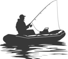 ai genererad silhuett fiskare fiske använder sig av uppblåsbar båt vektor