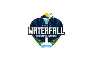 Liebe Wasserfall Logo Design, Vektor Illustration von ein hoch Cliff Wasserfall mit das Gefühl von ein Berg Aussicht