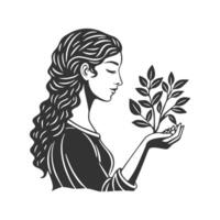 Frau halten wachsend Baum, mental Gesundheit, selbst Pflege oder Gartenarbeit. schwarz und Weiß Silhouette Illustration vektor