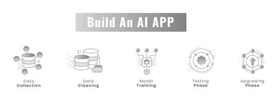 optimera din ai app arbetsflöde. effektiv ai app utveckling ikoner. modell Träning, data samling, data rengöring, och bortom. redigerbar stroke och färger. vektor