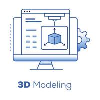 3d Modellieren und Prototyp entwickeln Gradient Stil Illustration. revolutionieren Produkt Entwicklung mit fortgeschritten 3d Modellieren und schnell Prototyp entwickeln, beschleunigen Ihre Pfad von Konzept zu Markt Erfolg. vektor