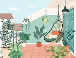 gemütlich Balkon Garten mit eingetopft Grün Pflanzen. Terrasse Öko-Stil Innere Design mit Rattan Korbweide Stuhl, Zimmerpflanzen im Blumentöpfe, Grün. städtisch Haus Urwald auf Veranda. eben Vektor Illustration