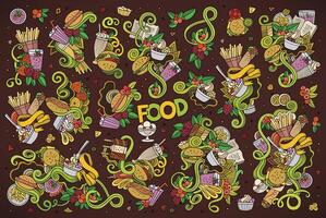 färgrik vektor hand dragen klotter tecknad serie uppsättning av mat objekt